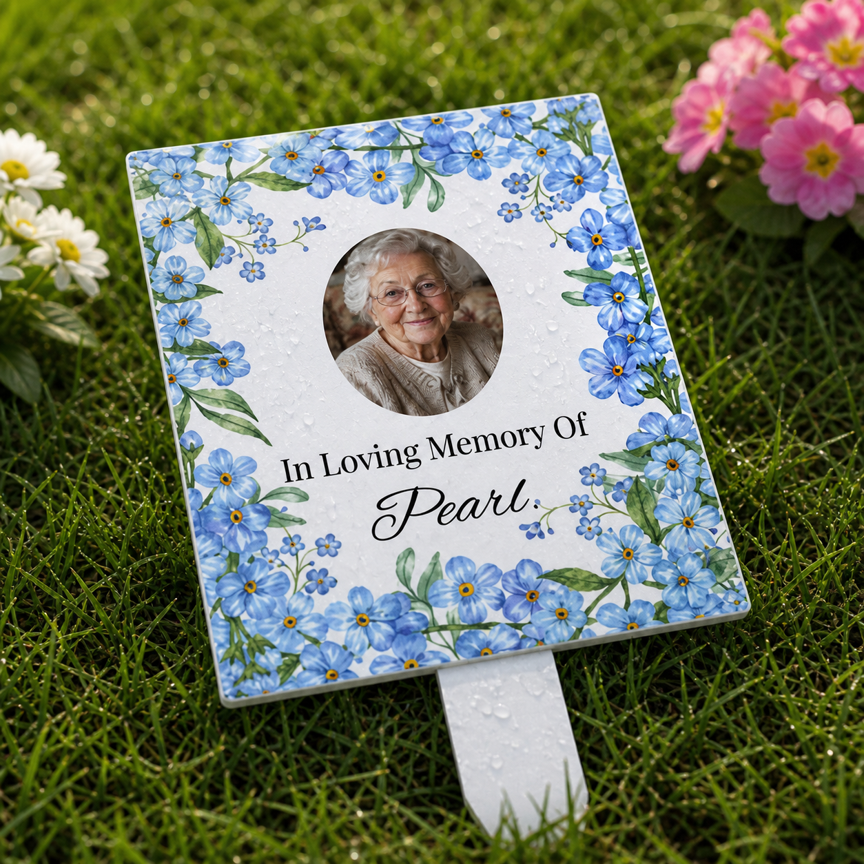 Personalised Forget Me Not Grave Marker – Photo Memorial Stake – Acrylic Garden Tribute – In Loving Memory Plaque