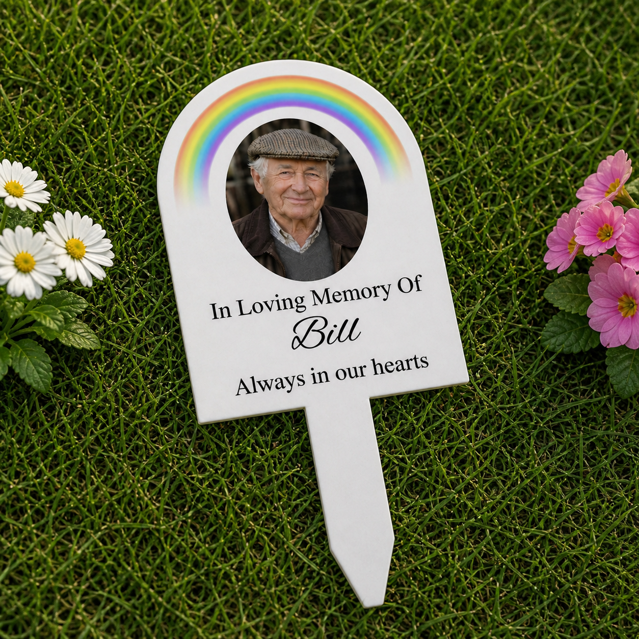 Personalised Rainbow Grave Marker – Photo Memorial Stake – Acrylic Garden Tribute – In Loving Memory Plaque