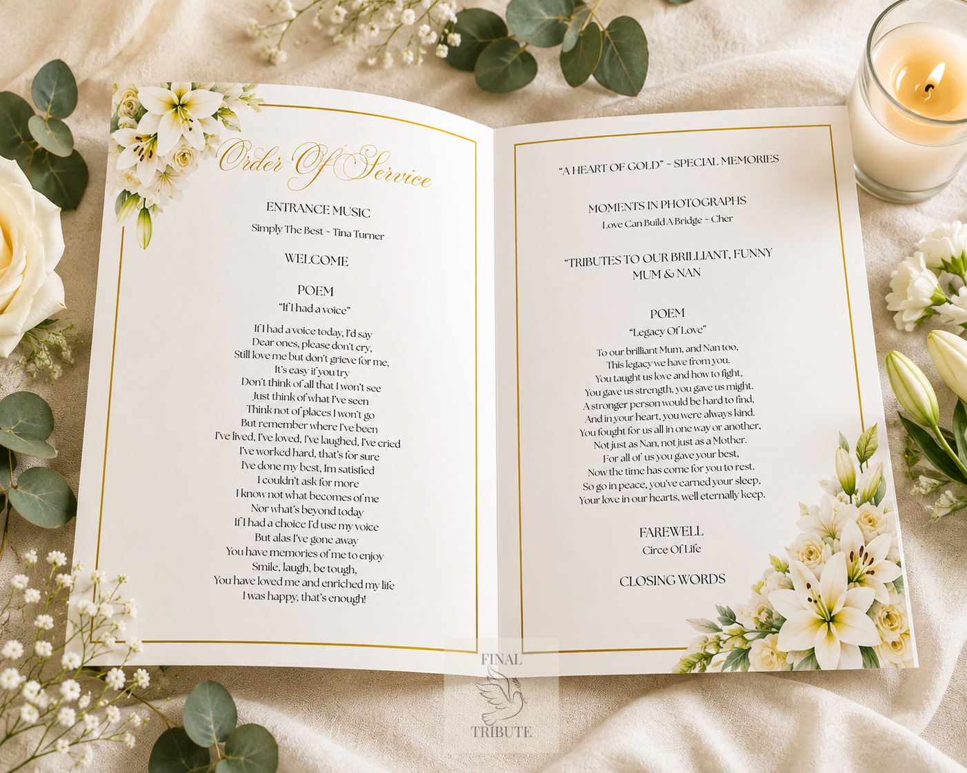 Personalised Funeral Order of Service Booklets | Premium Printed Memorial Service Programmes
