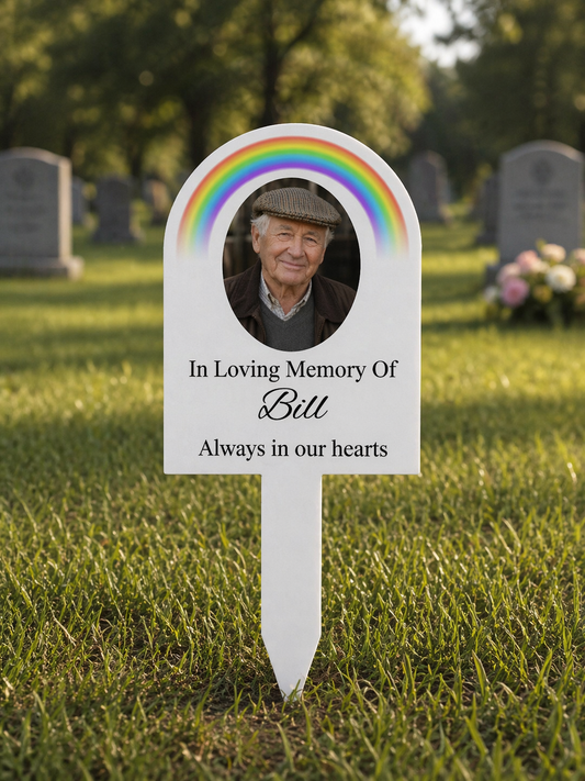 Personalised Rainbow Grave Marker – Photo Memorial Stake – Acrylic Garden Tribute – In Loving Memory Plaque