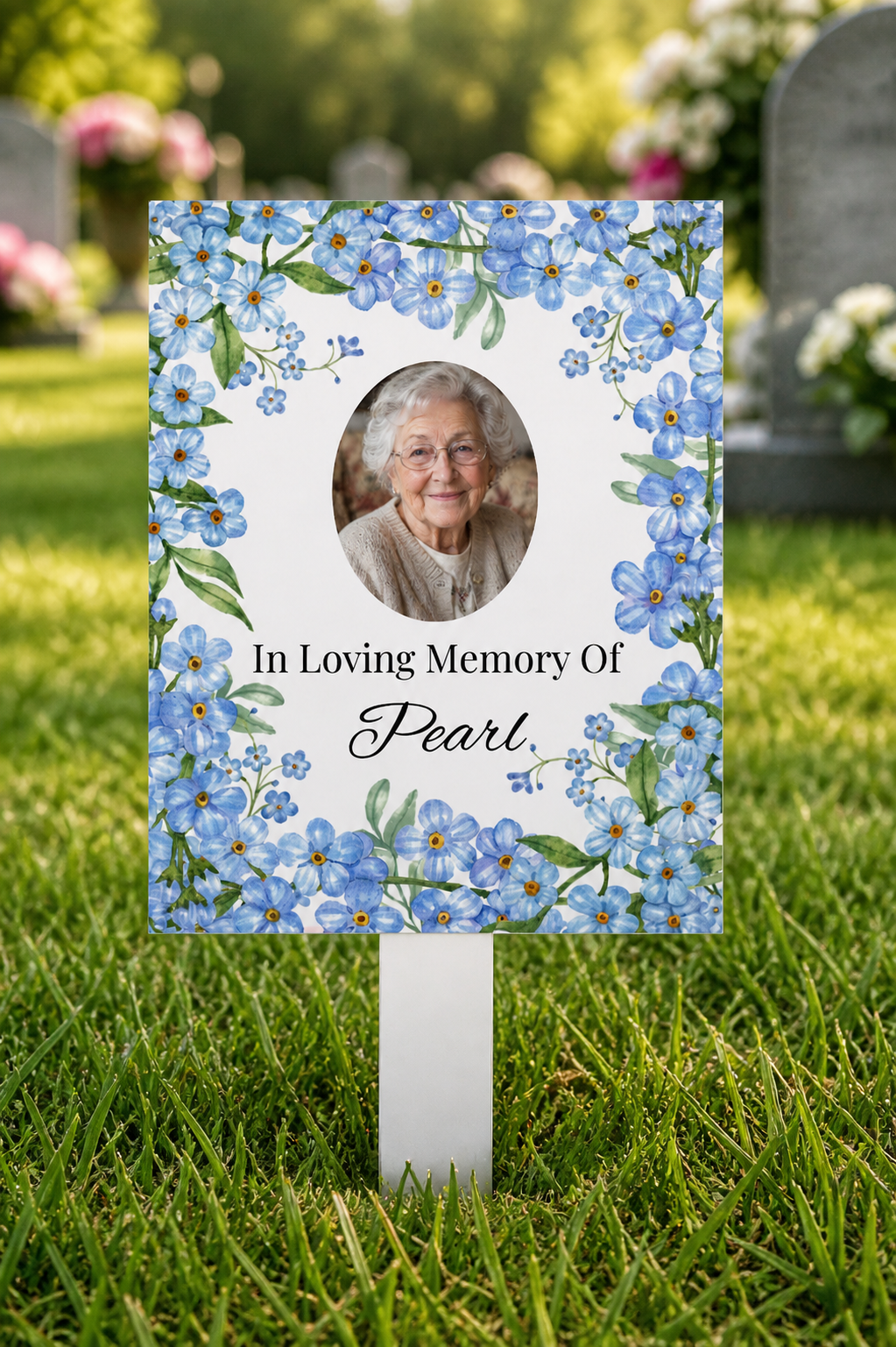 Personalised Forget Me Not Grave Marker – Photo Memorial Stake – Acrylic Garden Tribute – In Loving Memory Plaque