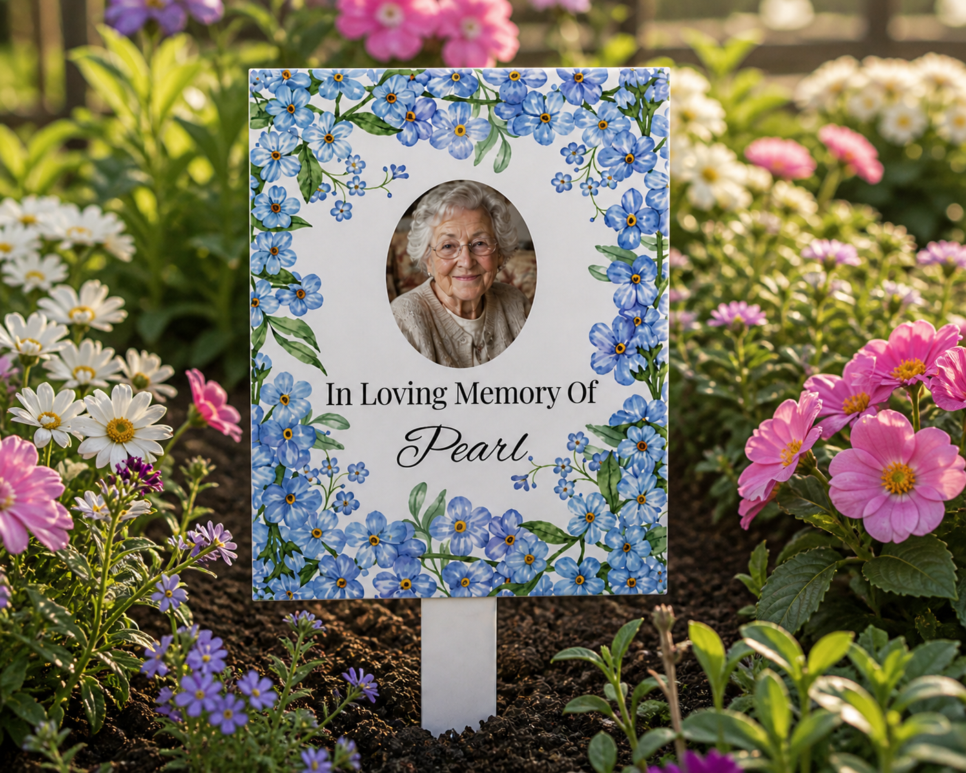 Personalised Forget Me Not Grave Marker – Photo Memorial Stake – Acrylic Garden Tribute – In Loving Memory Plaque